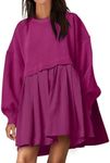 ANRABESS Women Sweatshirts Dress Oversized Long Sleeve Patchwork Casual Loose Pleated Pullover Mini Dress Fall Outfits 2024 Small Hot Pink