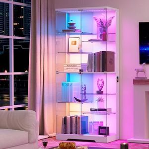 HNEBC 71” Display Cabinet with Glass Doors - 10-Tier Curio Cabinet with RGB Lights for Collectibles, Tall Display Case with Removable Shelf for Collection/Figure, Living Room Storage Cabinet (White)