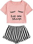 WDIRARA Women's Sleepwear Closed Eyes Print Tee and Striped Shorts Cute Pajama Set Light Pink S