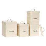 Harbour Housewares Metal Kitchen Canisters Set - Cream - 4pc Set - Vintage Loose Tea Coffee Beans Granulated Sugar Storage Container Biscuit Tin Caddy Kitchen Storage with Airtight Lid