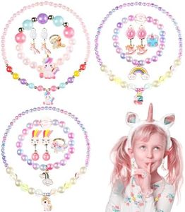 JaGely 15 Pcs Girls Unicorn Necklace and Bracelets Rings Clip on Earrings Set Toddler Unicorn Jewelry Set Kids Dress up Pretend Play Birthday Party Favors Gift, as shown in the picture, No Gemstone