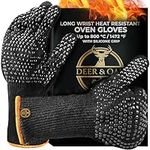 Deer & Oak Long Wrist Heat Resistant Non Slip Oven Mitts - Up to 800°C / 1472°F Heatproof BBQ Gloves with Silicone Grip, Oven Gloves for Grilling, Cooking, Baking