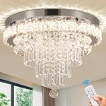 Cainjiazh 18" Dimmable Crystal Chandeliers Modern Chandeliers Flush Mount Crystal Ceiling Light Remote Control Chandelier with 5 Tier Crystal Drops for Hallway Bedroom Dining Room Living Room