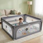 Baybee 120 x 120 CM Kids Playpen for Babies with Colourful Balls | Baby Play Area Indoor Setup with Zipper Door & Toys Pouch | Kids Activity Play Gate Fence with Corner Protection | Outdoor play pen for baby for 0 - 5 years Boys Girls (Grey)