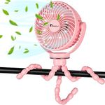 Octopus Desk Fan, Pram Fan with 3 Speed & Lights, 5000mAh Rechargeable USB Fan, 360° Rotated Versatile Mini Fan for Baby Stroller Office Camping Car Seat Traveling Outdoor Cycling(Pink)