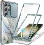 GVIEWIN for Samsung Galaxy S23 Ultra Case with Slide Camera Cover, [Built-in Screen Protector] [2 Front Frames] Military Grade Shockproof, Marble Protective Phone Case 6.8", Ocean Tide