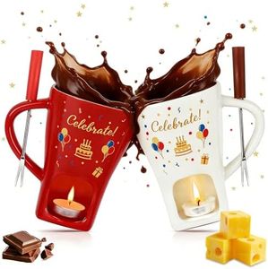 HANEVEAR Chocolate Fondue Mug, Mini Personal Chocolate Melting Mug with 4 Forks and 4 Tealights, Ceramic Fondue Cup for Cheese, Butter - Birthday Gift, Date Night & Wedding Celebrations
