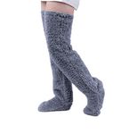 LAPLUIE Over Knee High Fuzzy Socks Plush Slipper Stockings Furry Long Leg Warmers Winter Air-Conditioned Home Sleeping Socks, Dark Gray, Large