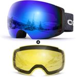 Odoland Ski Goggles, OTG and UV Protection Snowboard Goggles with Magnetic Interchangeable Lens for Men & Women,Black Frame Blue Lens VLT 15%