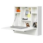 KOTEK Wall Mounted Desk, Floating Laptop Desk w/Storage Drawer and Shelves, Folding Hanging Storage Cabinets Space Saving Drop-Leaf Table Home Office Desk (White)