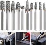 Double Cut Tungsten Carbide Burr Set for Rotary Tool, 10Pcs Rotary Carving Bits with 1/8” Shank and 1/4” Grinding Head for DIY, Woodworking, Engraving, Metal Carving, Drilling, Polishing