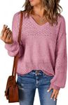 SHEWIN Womens Lightweight Sweaters Casual Long Sleeve V Neck Crochet Sweater Tops Cable Knit Pullover Jumper Fall Clothes for Women 2024, US 16-18(XL), Pink