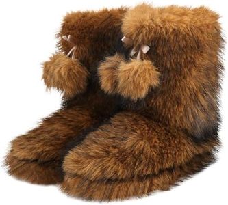 Home Slipper House Slipper Boots,Women's Crazy Cute High Top Bedroom Slippers Fluffy Lined Soft Sole House Shoes Lace Pom Poms Indoor Slipper Booties,Brown Fur Monster,US 9/10