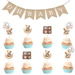 Baby Shower Cake Topper, 30 Pcs Oh Baby Cake Topper with 1 Banner, Baby Shower Decorations for Boy Girl, Bear Baby Shower Cupcake Toppers for Birthday Party Cake Decorations