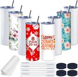 8 Pack Sublimation Tumblers, 20 oz Straight Skinny Tumbler, Double Wall Insulated Tumbler, Stainless Steel Blank Cups with Lid and Straw for Heat Press Machine Printing (White)