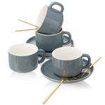 CHILDIKE Porcelain Cappuccino Cups with Saucers and Metal Stand, 228ml Porcelain Demitasse Espresso Cups Set, Porcelain Coffee Cups for Tea, Latte, Cafe Mocha, Set of 4, Grey