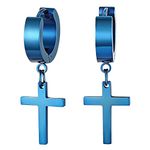 Flongo Men's Womens Vintage Stainless Steel Blue Cross Dangle Hinged Hoop Earrings, Classique Drop Earrings for Christmas Valentine's