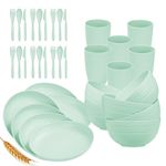 36pc Wheat Straw Dinnerware Sets for 4 Lightweight & Unbreakable Dishes Microwave & Dishwasher Safe Perfect for Camping, Picnic, RV, Dorm Plates, Cups and Bowls (Green, 36pc Set)