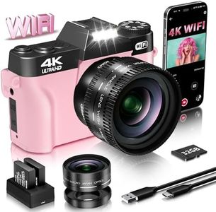 VJIANGER 4K Vlogging Camera for YouTube 48MP Digital Camera for Photography and Video with Flip Screen, Manualfocus, 16X Digital Zoom, 52mm Wide Angle & MacroLens, 32GB TF Card, 2 Batteries(Pink)