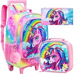 3PCS Rolling Backpack for Girls, Kids Roller Wheeled Unicorn Bookbag and Lunch Box, Cute Rainbow School Backpacks with Wheels for Elementary Teen