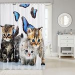 Cats Kids Bath Curtain Cute Kitten Shower Curtain Blue Butterflies Print Bathtub Shower Curtain Boys Girls Teens Kawaii Cat Animal Bathroom Decor Waterproof Shower Curtain with Hooks ,72" W x 78" L