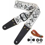 Nefelibata Guitar Strap, Vintage Embroidered Cotton Guitar Straps with Genuine Leather Ends for Bass, Electric & Acoustic Guitars, Come with Free Strap Button, 1 Pair Strap Locks and 4 Guitar Picks