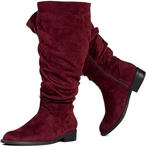 RF ROOM OF FASHION Women's Wide Calf Wide Width Low Heel Slouchy Knee High Boots w Pocket - Plus Size Friendly Burgundy Size.7.5