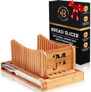 Personalized Bread Slicer with Bread Knife - Bamboo Bread Slicer for Homemade Bread with 3 Slice Thickness, Compact Foldable Cutting Guide with Crumb Tray, for Cake, Bagels by Bambüsi