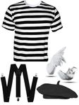 Mega_JumbleSale® Women French Mime Artist Ladies MIME ARTIST French JOKER Set/T-Shirt + Beret + Braces + Gloves, French Costume, Adults (Med: 10-12)