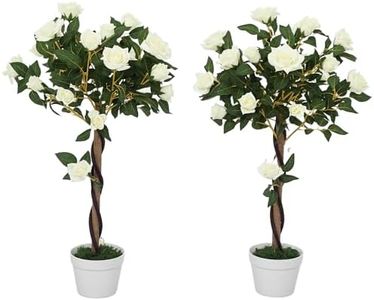 Outsunny 90cm Artificial Rose Tree with Twisted Trunk, Decorative Fake Plant with 350 Silk Leaves and 21 Flowers, UV-Resistant Faux Tree for Outdoor Indoor Garden Porch Decor, Set of 2, White
