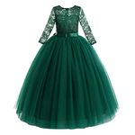 Flower Girls Party Princess 3/4 Sleeve Maxi Floor Length Dress Kids Floral Lace Pageant Ceremony Carnival Wedding Bridesmaid Communion Birthday Cocktail Evening Dance Prom Green 11-12 Years