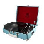 GPO Attache Vinyl Record Player with Built-in Speakers, Vintage Turntable Portable Player Compatible with External Speakers, USB Direct Recording, Sky Blue