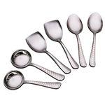 AXIOM Stainless Steel Serving Tools. Designer 6 Pc Heavy Gauge Non-Stick Set of 2 Soup Ladle (Karchi), 2 Solid Spoon (Chamcha) and 2 Rice Spoon for Serving Soup/Curry/dal/Rice/Pasta. Laser Printed Neo