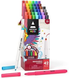 ARTEZA Kids Fine Tip Washable Markers, 42 Bright Colors, 36 Washable Marker Pens and 6 Non-Washable Neon Pens, School Supplies for Kids Ages 3 and Up