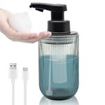Automatic Touchless Foam Glass Soap Dispenser, Rechargeable Hands Free Ribbed Liquid Soap Dispenser with Chrome-Finished Electric Sensor Pump, Refillable Bottle for Bathroom Kitchen