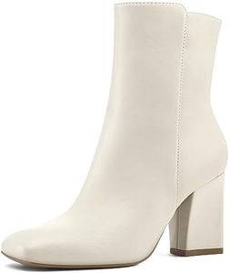 mysoft Women's GoGo Ankle Boots Square Toe Side Zipper Chunky Block Heel Mid Calf Low Heeled Short Booties, Cream Pu, 8.5