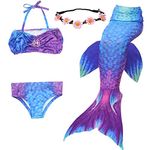 GALLDEALS Mermaid for Swimming Girls Swimsuit Princess Bikini Set Bathing Suit Swimmable Costume (No Monofin) (10-12 Years, A-Purple + Blue Tailwing3)