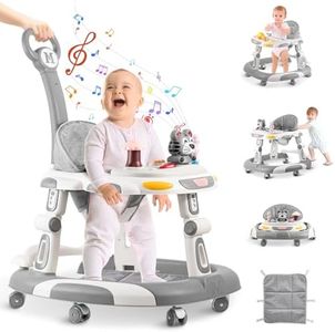 Baby Walkers, 5-in-1 Height Adjustable Baby Walker with Wheels, Foldable Walker for Baby and Baby Activity Center with Music &Toys Tray, Infant Toddler Baby Walker for Boys and Girls 6-24 Months(Grey)