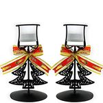 BANBERRY DESIGNS Christmas Candle Holders - Set of 2 Black Wrought Iron Xmas Tree Design with Bows - Christmas Centerpiece Candles