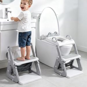 Orzbow Frog Potty Training Seat, Toddler Toilet Seat with Step Stool Ladder, 2-in-1 Potty Training Toilet Essentials for Boys Girls, Adjustable Height, Non-Slip Step and Splash Guard Design, Grey