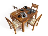 WeeHom Furniture Sheesham Wood CNC Cutting 4 Seater Dining Table with 3 Printed Cushioned Chair and Bench for Dining Room Wooden Dining Set (Provincial Teak Finish)