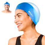 Boldfit Swimming Cap for Men Silicone Swimming Caps for Women Unisex Swimming Cap for Kids Boys & Girls Swimming Cap for Women Long Hair Swimming Head Cap Men Silicone Fabric, Easy Fit - WhiteBlue