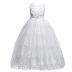 FMYFWY Little Big Girls Flower Tulle Lace Dress Sleeveless Princess Pageant Birthday Party Wedding Dance Evening Long Gown White 15-16 Years