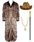 Bonuci 70s 80s Pimp Costume Set Includes Tiger Print Coat Cowboy Hat Walking Cane Gold Plated Chain Dollar Necklace