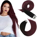 Moresoo Ombre Tape in Hair Extensions Black to Red Wine Remy Hair Extensions Tape in Human Hair Balayage Skin Weft Tape Hair Extensions Black to Burgundy 20pcs/50g 20 Inch