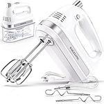 BAIGELONG Hand Electric Mixer, 300W Ultra Power Food Kitchen Mixer with 5 Self-Control Speeds + Turbo Boost, 5 Stainless Steel Attachments Handheld Mixer for Baking, White