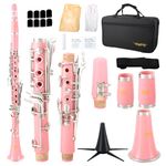 Bb Clarinet For Beginners Students B Flat Clarinet 17 Keys Clarinet with Case Stand Strap 2 Barrels 8 Mouthpiece Cushion White Gloves Cleaning Kit(Pink)