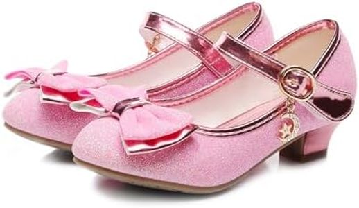 TANDEFLY Girls Dress Shoes Mary Jane Wedding Party Heel Glitter Bow Princess Flower Shoes for Kid Toddler, B-pink, 9 Toddler