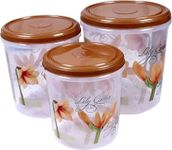 AIR O MATIC Lily Garden Printed Airtight Plastic Kitchen Storage Container Set for Rice | Dal | Atta | Flour | Cereals | Pulses | Snacks - 5kg, 7kg, 10kg (Set Of 3Pcs - Brown)