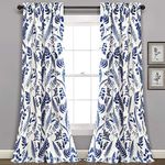 Lush Decor, White & Navy Devonia Allover Room Darkening Window Curtain Panel Pair, 95" x 52" + 2" Header